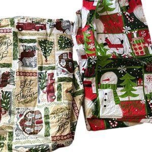 2 Vinyl Rectangle Christmas Tablecloths Felt Backed Green Red Beige White